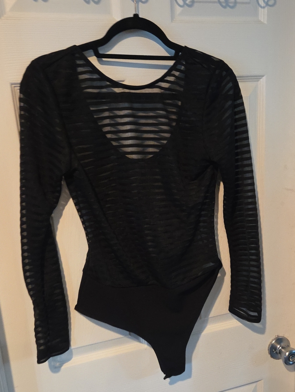 Women’s Black Sheer Stripe Long-Sleeve Bodysuit